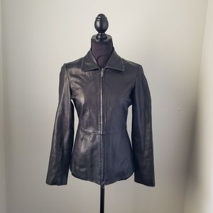 Guess Black Leather Collared Zip Up Jacket Small